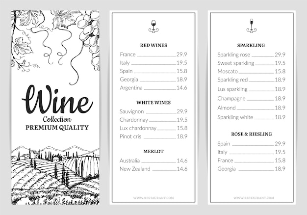 Wine menu. Wine card template. grape sketch, drink menu template