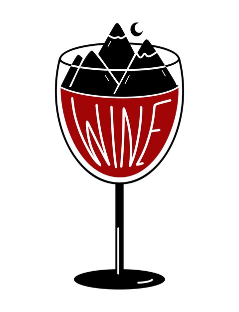 Vector wine and mountains in a glass with lettering text vector illustration isolated on a white