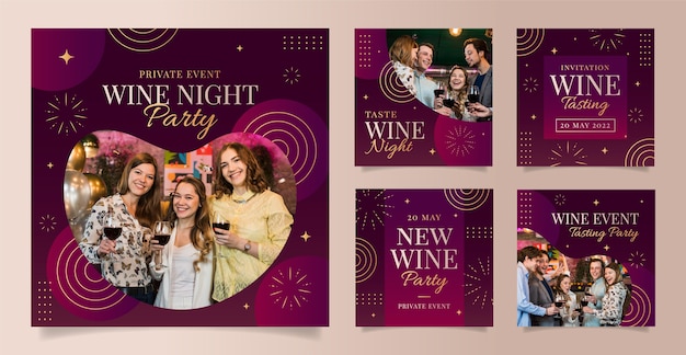 Vector wine party instagram post set