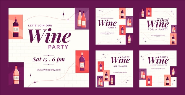 Vector wine party instagram post set