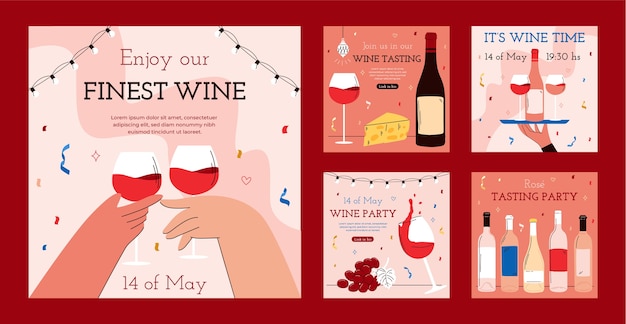 Vector wine party instagram post set