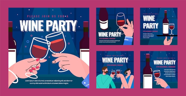 Vector wine party instagram post set