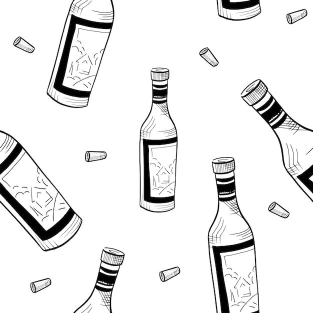 Wine pattern. hand drawn sketch doodle black wine bottles and corks on white background. seamless vector background.