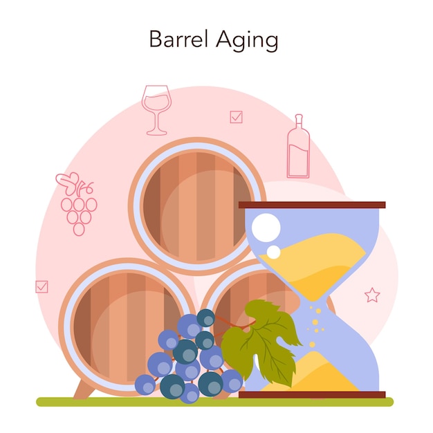 Wine production concept. wine aging in a wood barrel or clay amphora. table and prestigious alcohol drink characteristics assemblage. grape wine in a bottle or glass. flat vector illustration