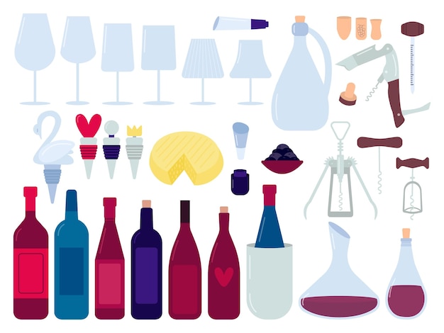 Wine production flat design set Vector different wineglasses red wine bottles sommelier tools set