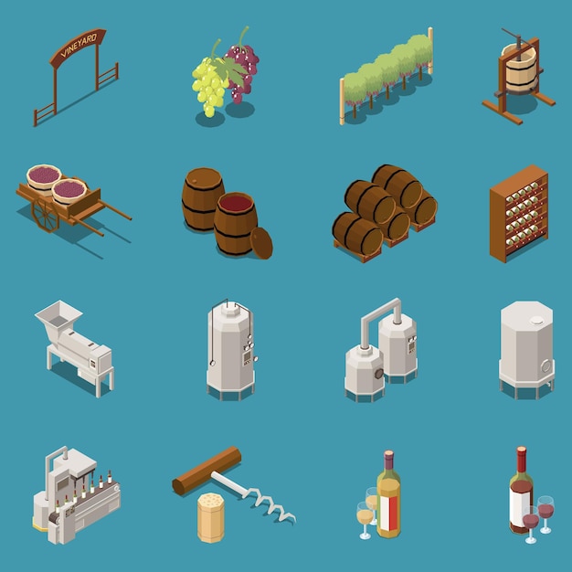 Vector wine production isometric icons set with winery equipment barrel grape bunches corkscrew isolated on blue background 3d vector illustration