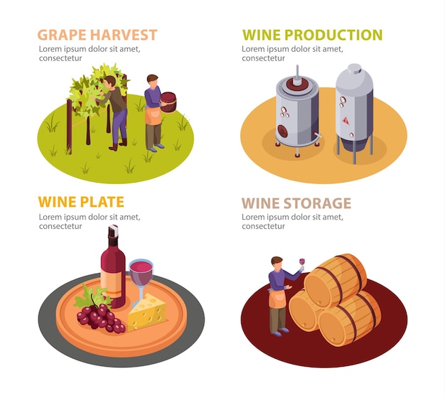 Set di produzione di vino con piatto di vino ed elementi di stoccaggio isometrici isolati