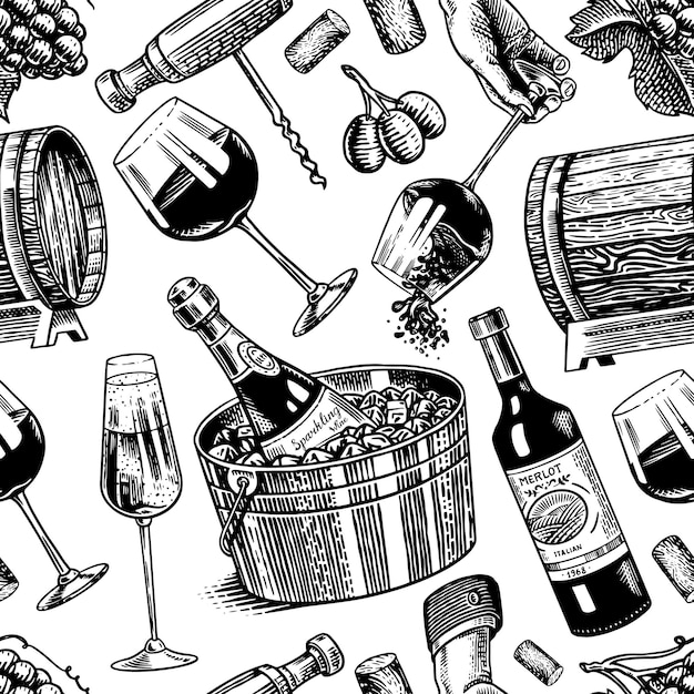 Vector wine seamless pattern alcoholic drink or sparkling champagne bottle and glass cheers wooden barrel vintage poster or banner hand drawn engraved sketch for bar winery background restaurant menu