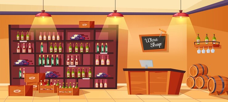 Vector wine shop interior restaurant bar table shelves with alcohol bottles and winery barrels retail or pub vector illustration