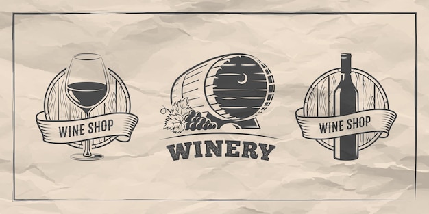 Vector wine shop logos vector badges for wine shop or winery with bottle glass and barrel