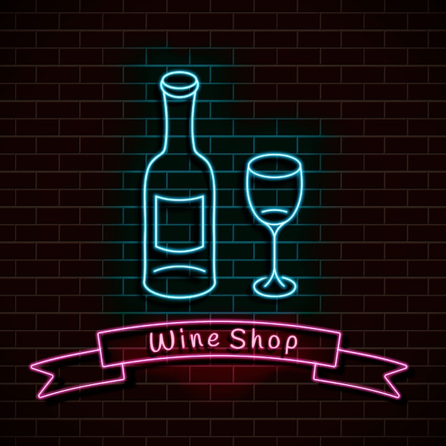 Vector wine shop. neon blue sign. light banner on a brick wall.