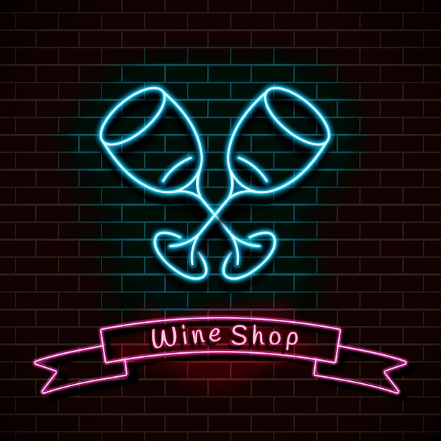 Wine shop. Neon blue sign. light on a brick wall.