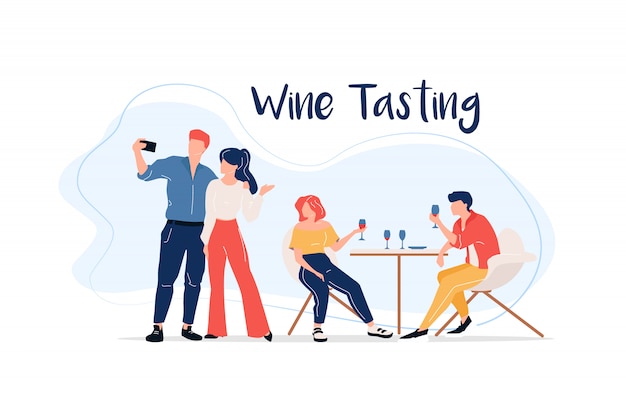 Wine tasting flat color faceless characters