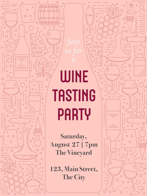 Wine tasting party invitation template invitation card with outline wine elements