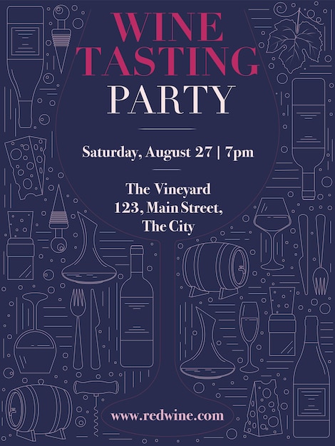 Vector wine tasting party invitation template invitation card with outline wine elements