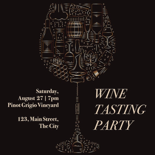 ベクトル ガラスの形をしたワインの要素を持つワインテイスティングパーティーの招待状。バー招待状テンプレート