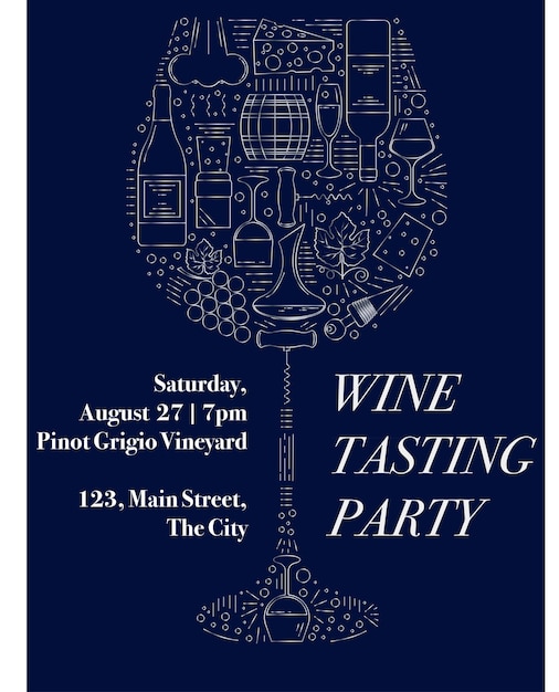 Wine tasting party silver invitation template with outline wine elements