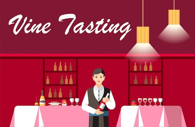 Degustazione di vino in banner piatto vettoriale ristorante