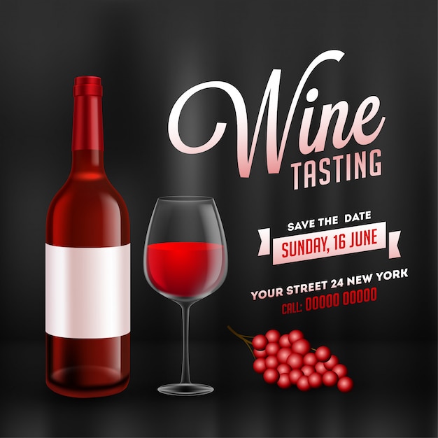 Wine tasting template or promotion card design with realistic wine bottle and drink glass on glossy black background.