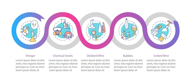 벡터 와인 시음 벡터 infographic 템플릿입니다. 품질이 좋지 않은 음료 특성 프레젠테이션 디자인 요소. 5단계로 데이터 시각화. 프로세스 타임라인 차트. 선형 아이콘이 있는 워크플로 레이아웃