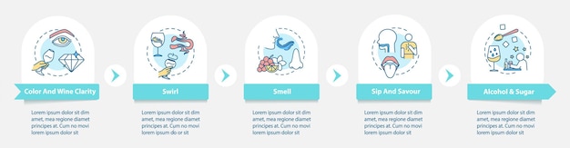 wine tasting vector infographic template. sommelier guide for winetasting presentation design elements. data visualization with 5 steps. process timeline chart. workflow layout with linear icons