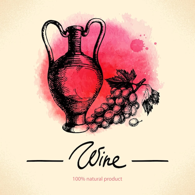 Vettore fondo dell'annata del vino. illustrazione di schizzo disegnato a mano dell'acquerello. progettazione del menu