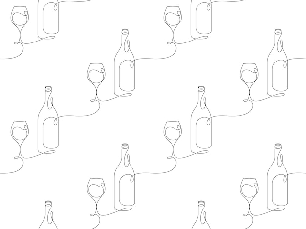 Vettore bicchiere di vino e bottiglia linea sottile disegno continuo minimalismo di sfondo senza cuciture