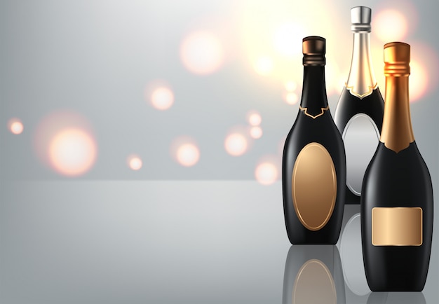 Vector wineglass and champagne wine bottles