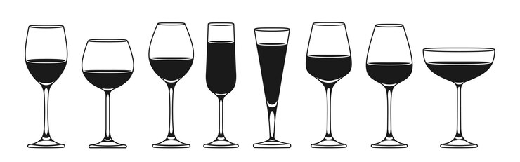 Vector wineglass different types sign icon set glasses sparkling wine champagne alcohol beverages shapes