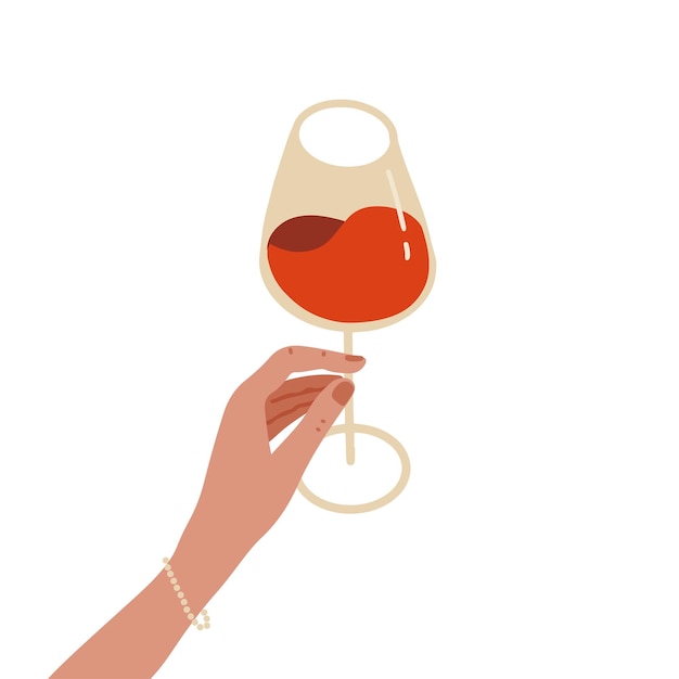 アルコール飲料の赤ワインフルグラスのグラスを持っている女性の手でエレガントな手にワイングラス...