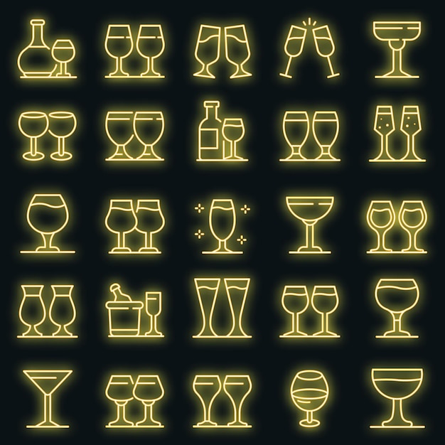 Wineglass icons set. Outline set of wineglass vector icons neon color on black