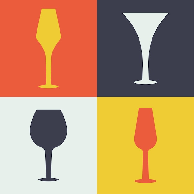 와인잔 아이콘입니다. 알코올 음료, 칵테일 잔을 위한 안경이 있는 현대적인 컬러 카드 세트. 샴페인, 브랜디, 위스키, 꼬냑, 포트 와인, 진 등 다양한 형태의 유리 제품. 벡터 일러스트 레이 션