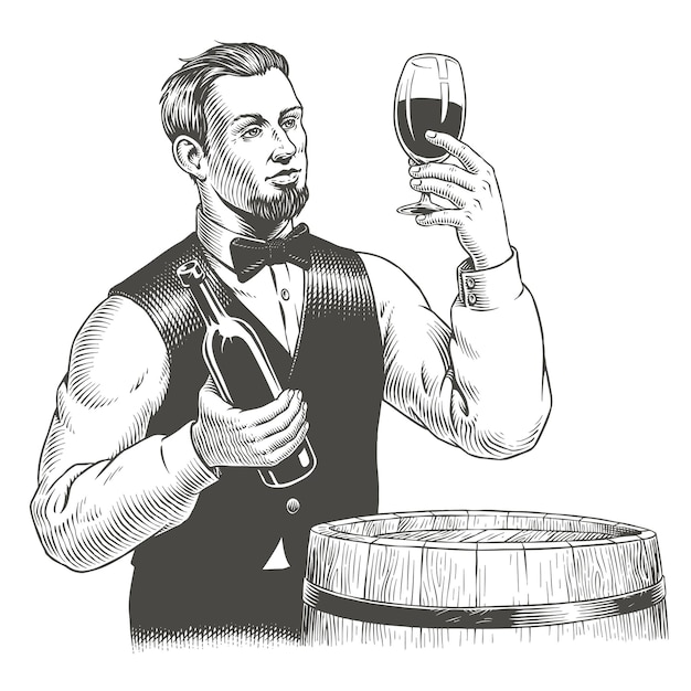 Winemaker or sommelier holding wine glass and bottle isolated engraving style vector illustration