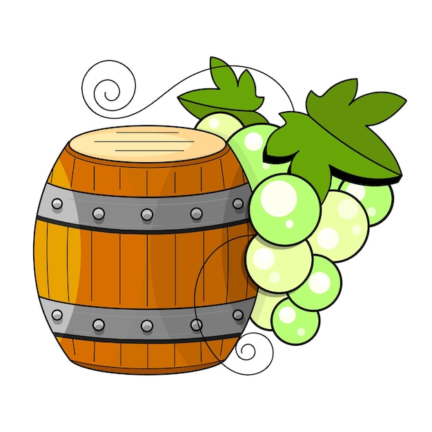 スケッチスタイルのワイン製造製品。ワイン樽、ガラス、ブドウ、ブドウの小枝、カラフのベクトル図。古典的なアルコール飲料。