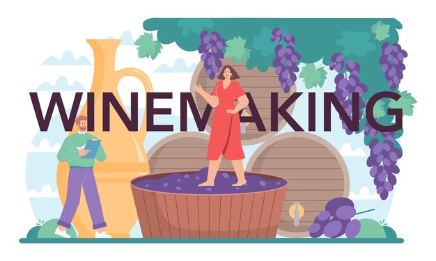 Winemaking typographic header. grape wine in a wood barrel, bottle of a red wine. reciepe development, exposure and samping, grape selection. flat vector illustration