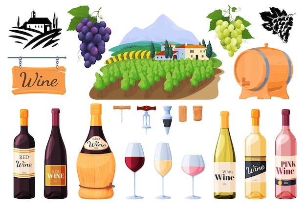 Vettore cantina ed elementi di produzione del vino bottiglie di diversi tipi di vino illustrazione vettoriale su sfondo bianco