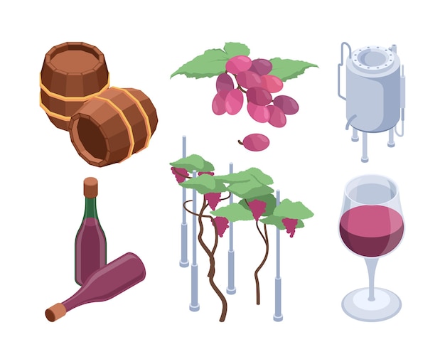 Vector winery isometric. vineyard technology processes barrels for grape people bottling machines vector set. illustration winery press, bottling production winemaking