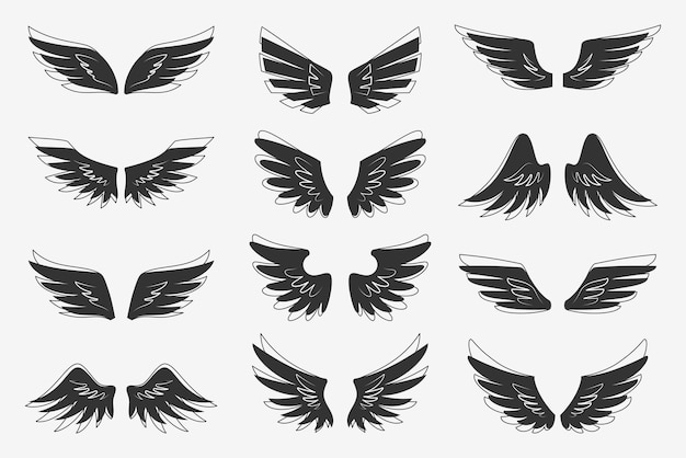 Wing fly angel bird black tattoo heraldic icon set