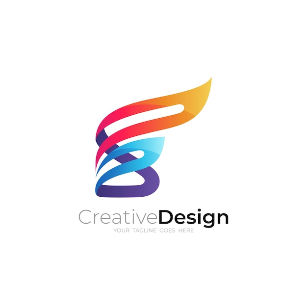 Wing logo and letter F design combination 3d colorful