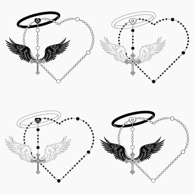 Vector winged christian cross with heartshaped rosary