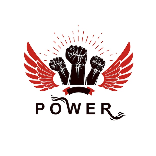 Winged clenched fists of angry people vector emblem. People demonstration, fighting for their rights and freedom.