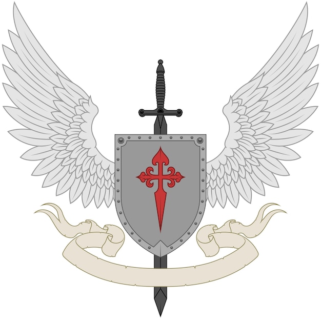 Winged Coat of Arms with sword and ribbon