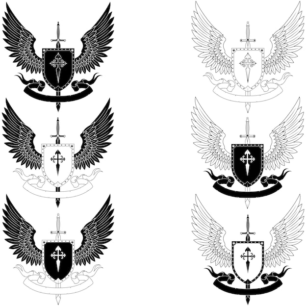 剣とリボンが付いた翼のある紋章