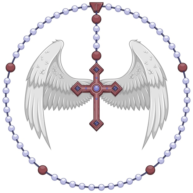 Vector winged cross with christian rosary