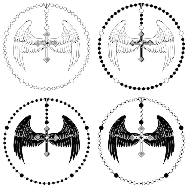 Vector winged cross with christian rosary