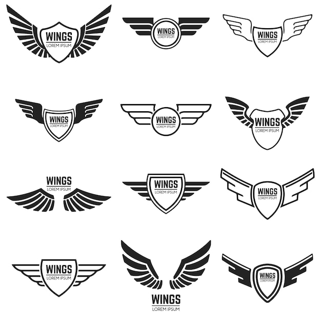 Vector winged emblems, frames, icons, angel and phoenix wings.  elements for , emblem, sign, brand mark.  illustration.