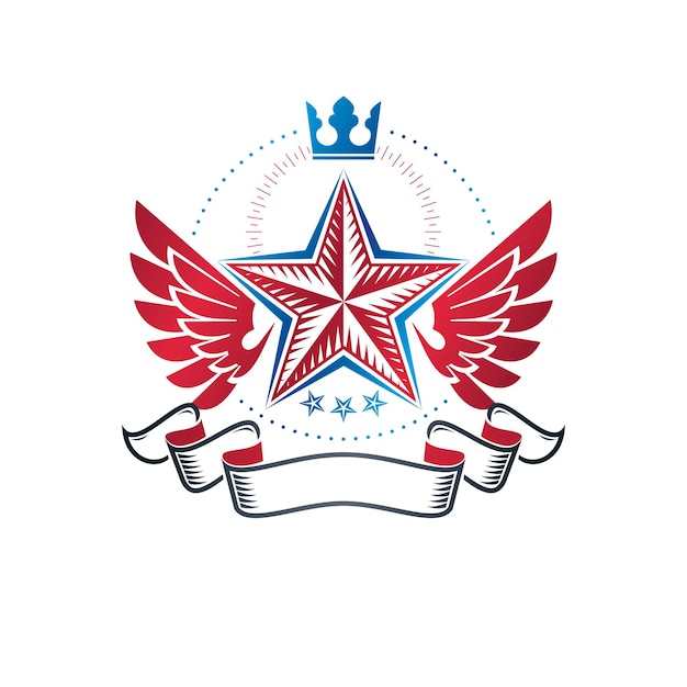 Vector winged military star emblem created with imperial crown and luxury ribbon, victory award symbol.  heraldic coat of arms decorative logo isolated vector illustration.