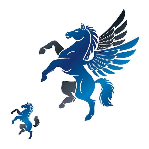 Vettore insieme di elementi di antichi emblemi di pegaso alato e cavallo. collezione di elementi di design vettoriale araldico. etichetta in stile retrò, logo araldico.