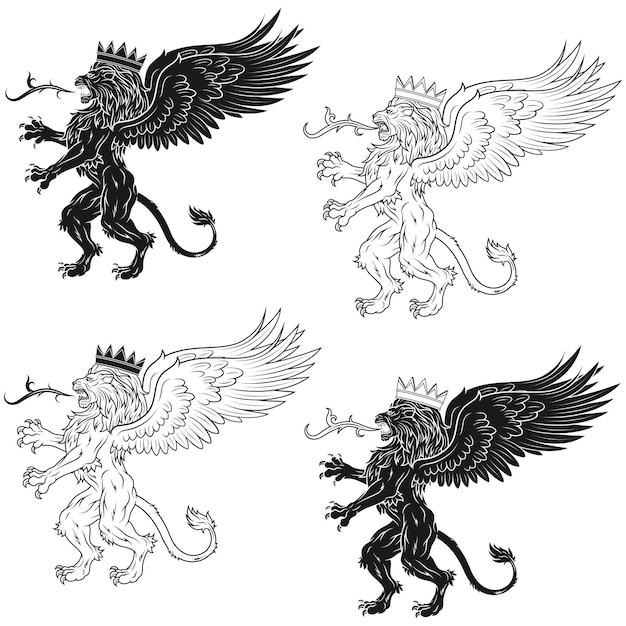 Winged rampant lion vector with crown