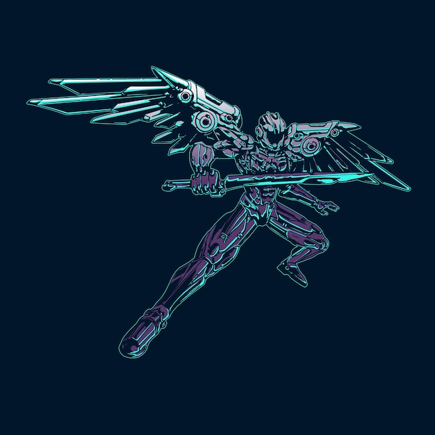 剣のイラストと翼のあるロボット